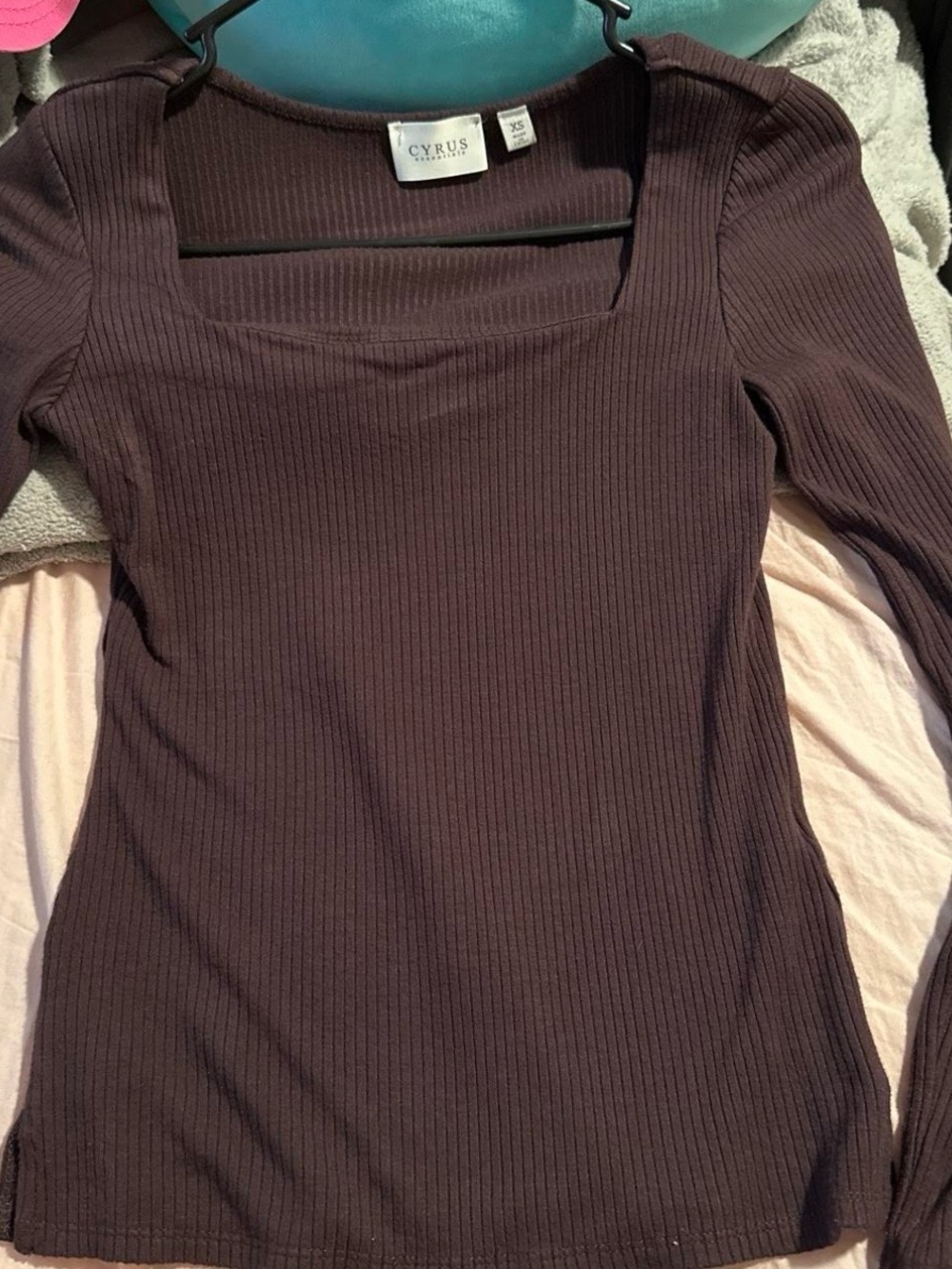 Cyrus Ribbed Square Neck Long-Sleeve Top - Brown